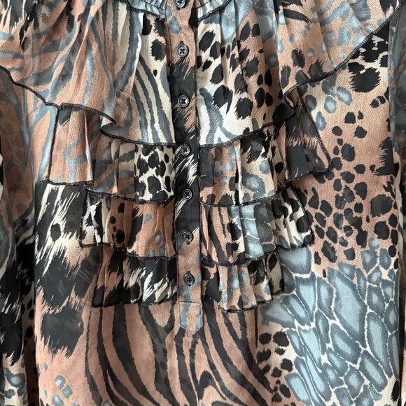 V Cristina Unique Sheer Animal Print Ruffled Blouse Size L - Picture 3 of 9